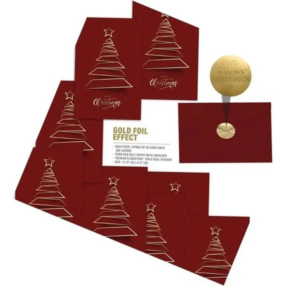 Easykart Christmas Greeting Cards with Gold Foiling Xmas Tree | 60 cards - Red